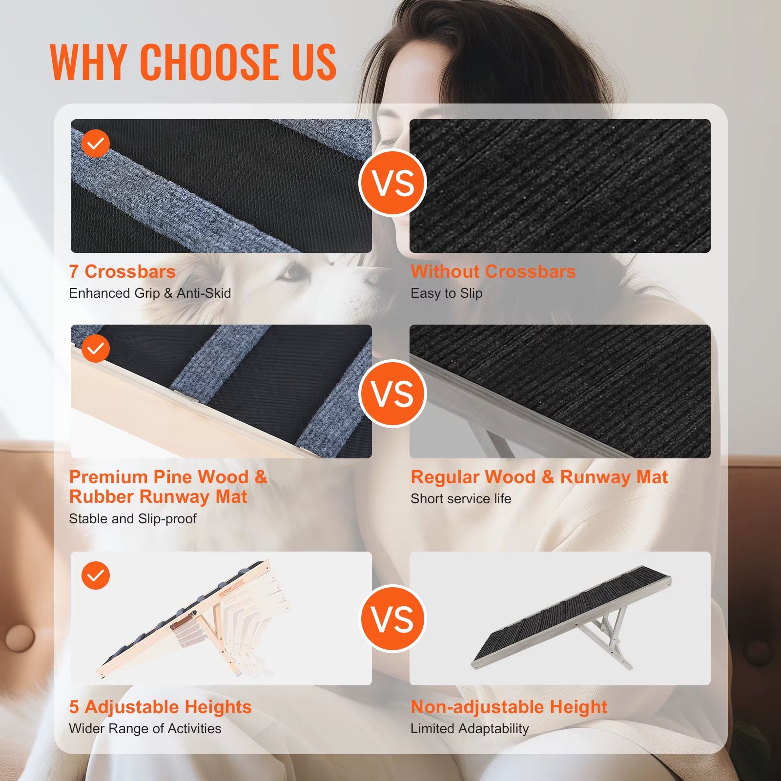 Dog Ramp Folding Ladder Anti-Slip High Adjustable Wooden Pet Ramp Removable for Small Old Dog Climbing Stairs Sofa Car